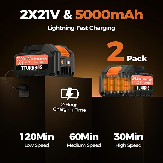 Leaf Blower Cordless - 650CFM Brushless Motor Leaf Blower with 6-Speed Control & Ergonomic Handle - Includes 2 x 5.0Ah Batteries & Fast Charger - Blowers for Lawn Care, Yard, Patio, Leaves, Snow, Dust