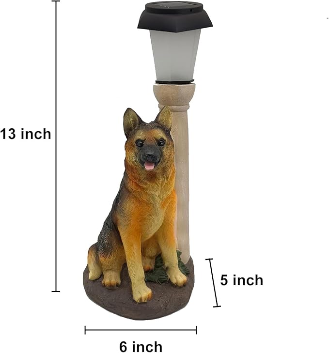 Solar Dog Garden Statues with Lantern, Resin German Shepherd Sculpture with Warm White Light for Outside Lawn Porch Patio