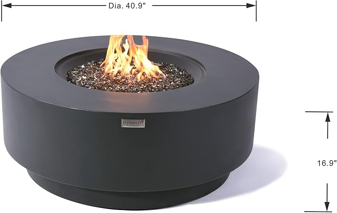 Elementi+ | Nimes Gas Fire Pit Cast Concrete 40" Dia. Round Fire Table, Outdoor Fire Pit Electronic Ignition | Canvas Cover, Fire Glass and Burner Lid Included | Dark Gray | Natural Gas