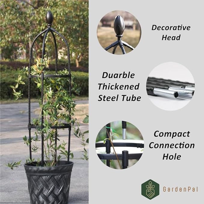 GardenPal Rustproof Metal Pipe Garden Obelisk Trellis, Tomato Cage and Plant Support for Climbing Plants, Potted Tall Plant Stakes for Vine Vegetable Flower Support Outdoor Indoor - 1 Pack
