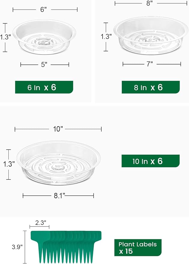GROWNEER 15 Pack of 6, 8, 10 Inches Clear Plant Saucers Flower Pot Trays, with 15 Pcs Plant Labels, Plastic Plant Drip Trays for Indoor Outdoor Plants Garden, 5pcs of Each Size