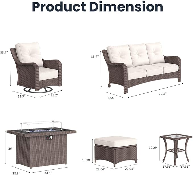 10 Pieces Outdoor Patio Furniture Sets with Rocking Swivel Chairs with 6-inch Thick Cushion and Fire Pit Table for Deck Lawn