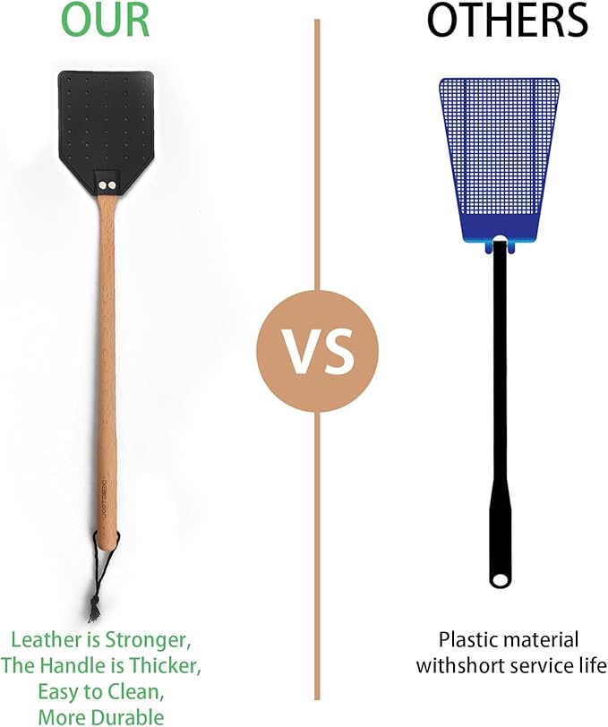 Fly Swatter - Long Hand Wood Fly Swatters with Hanging Rope, Heavy Duty Fly swatter for Home/Classroom/Office(Black)