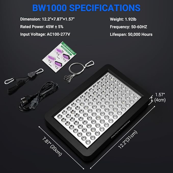 Upgraded BW1000 LED Grow Lights Double Chips Full Spectrum with 10ft Cable for Greenhouse and Indoor Plant Veg and Flower Growing [Black]