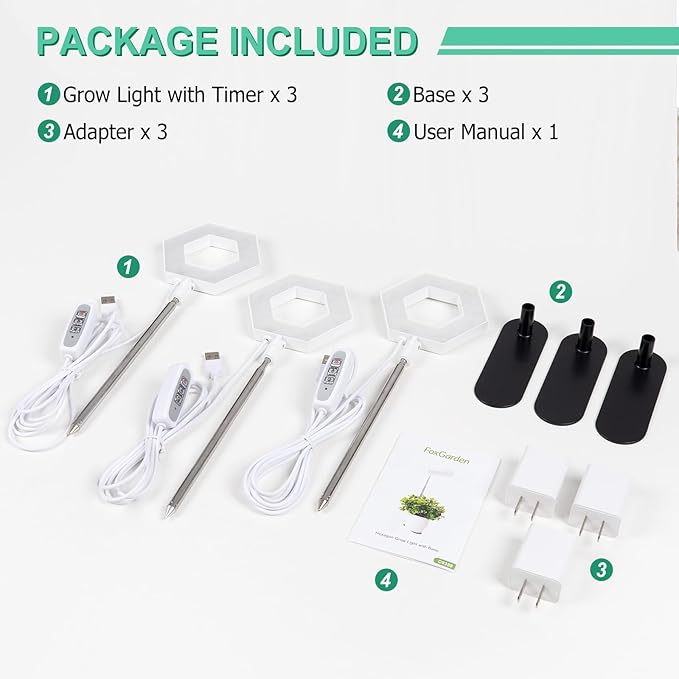 FOXGARDEN Plant Light, 126LEDs Grow Light for Indoor Plants, Full Spectrum Desk Growing Lamp with Detachable Base, Height Adjustable 7.8"-26" with Auto Timer 4H/8H/12H, 4 Dimmable Brightness, 3 Pack