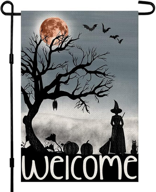 Welcome Halloween Garden Flag 12 x 18 Inch Double Sided Burlap Small Witch Pumpkin Flag Outside Porch Decor Halloween Yard Decoration DF110