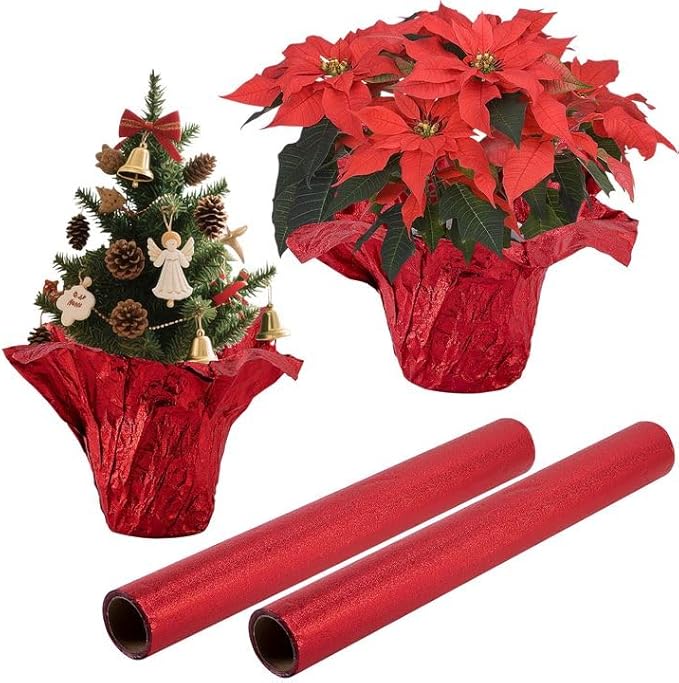 Adnee 2 Roll 10 Yard Floral Foil Plant Pot Covers,Matte Texture Christmas Plant Pot Foil,Red Floral Pot Wrapping Paper for Christmas Home Flower Pot DIY decor