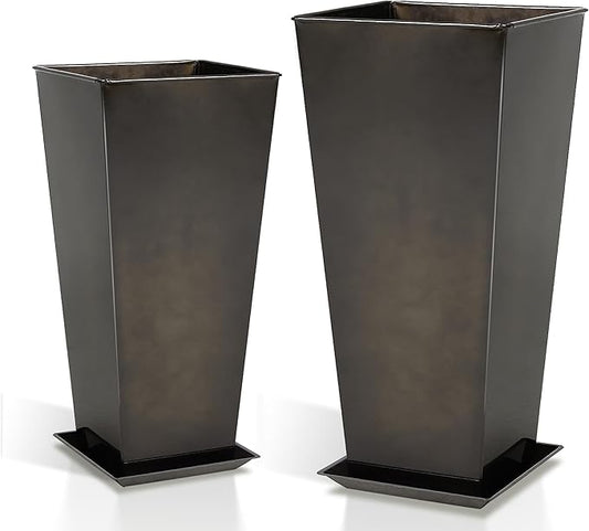Worth Garden Large Metal Glazed Planter Set of 2 (25" + 28"), Luxurious Glossy Finish Black Tall Square Tapered Steel Plant Pot, Decor Flower Pot Indoor & Outdoor, Drainage Hole & Dual-Purpose Saucer