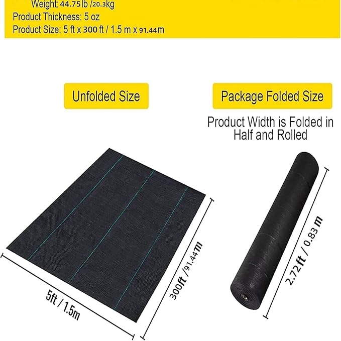 Woven Landscape Fabric 5oz, 5 x 300FT Weed Fabric Barrier, Double Layer, Garden Fabric Weed Barrier, Weed Control Fabric Ground Cover, Gardening Mat for Garden Beds, Landscaping