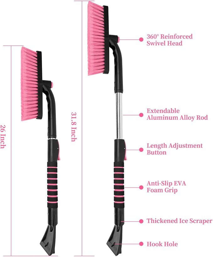 SEAAES Ice Scraper with Snow Brush for Car Windshield, Upgraded Extendable Snow Brush with Foam Grip for Truck SUV Vehicle Windows - Pink