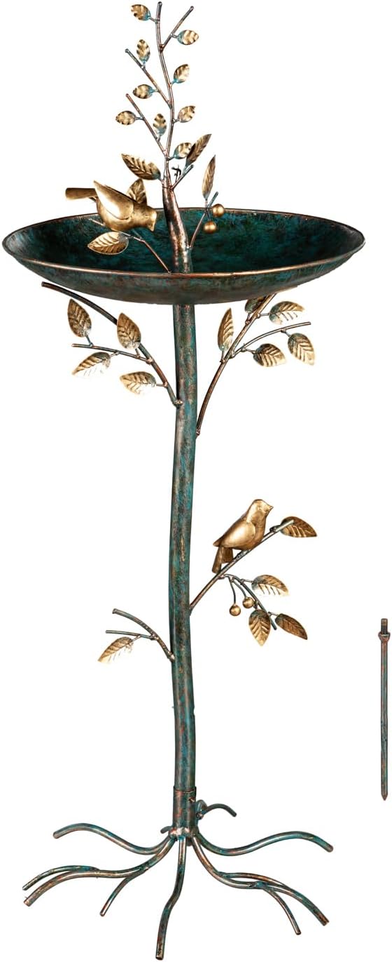 Evergreen Cast Metal Outdoor Garden Bird Bath and Feeder on Pedestal | Birds on Leafy Branch | 37.5 inches Tall | Antique Finish | Round Bowl Outside Rustic Decor Patio Porch Deck
