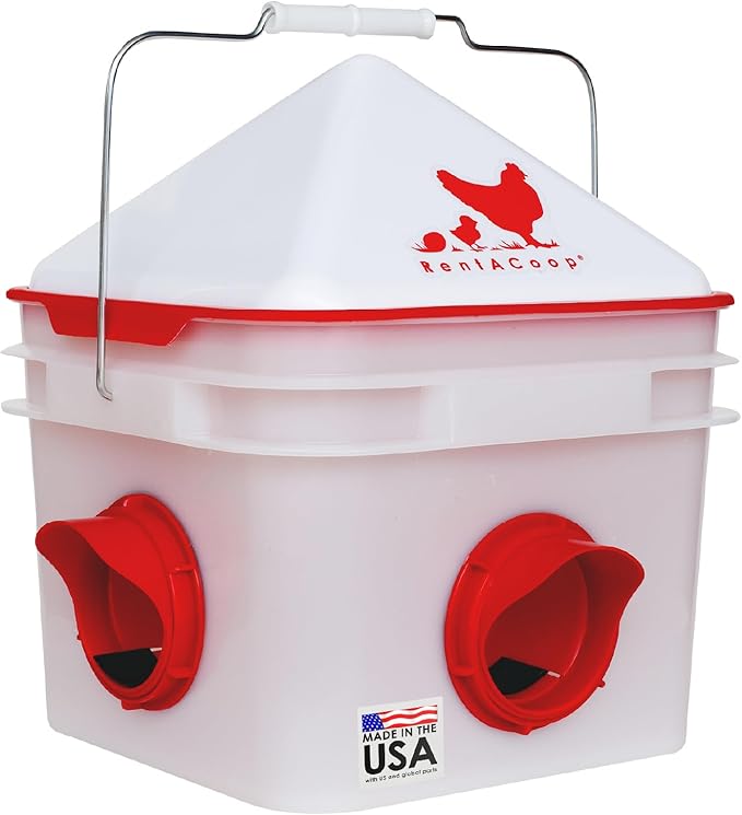 RentACoop Chick2Chicken 10lb BPA-Free 4-Port Feeder - Includes Anti-Roost Cone, Slider Port Cover, and Lid - Suitable for up to 20 Chicks & 12 Adult Chickens