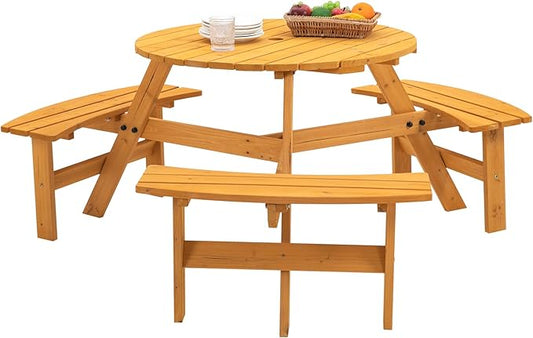 6-Person Outdoor Circular Wooden Picnic Table with 3 Built-in Benches Camping Dining Table for Garden Patio Backyard,Natural Color