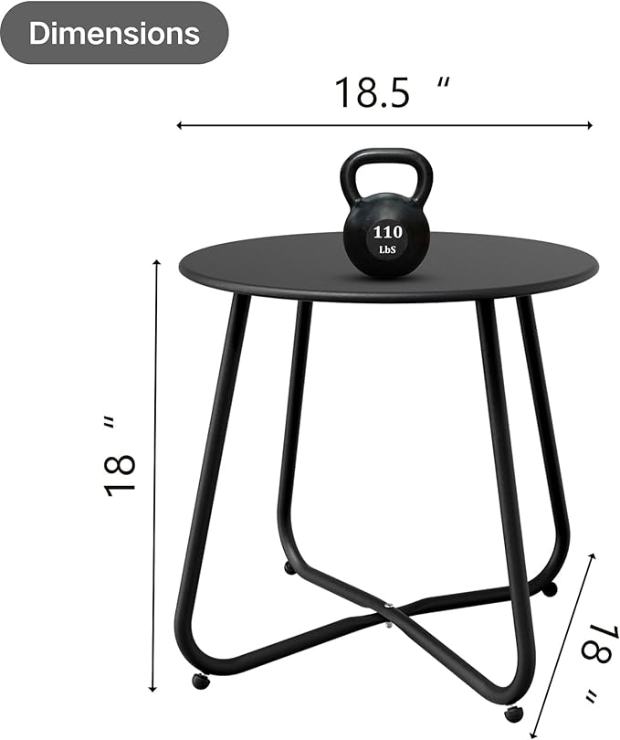 Black Patio Side Table, 18" Weatherproof Steel Outdoor Indoor Side Table for Garden, Balcony, Pool & Tailgate, Rust-Resistant Lightweight Portable Patio End Table