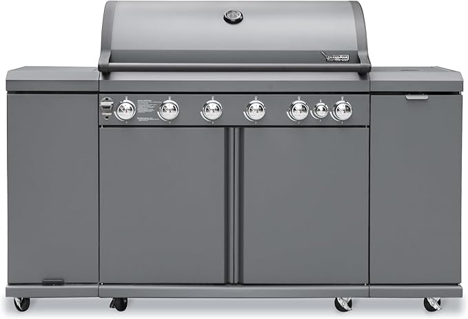 Brand-Man 6-Burner Gas Outdoor Kitchen Grill Island with Side Burner - 72,000 BTU Stainless Steel BBQ Grill Station with Storage Cabinets, Fold-out Prep Table, LPG/NG Convertible, Gray