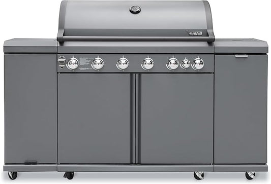Brand-Man 6-Burner Gas Outdoor Kitchen Grill Island with Side Burner - 72,000 BTU Stainless Steel BBQ Grill Station with Storage Cabinets, Fold-out Prep Table, LPG/NG Convertible, Gray