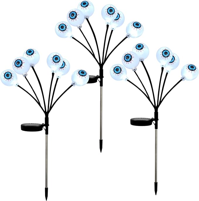 Solar Halloween Pathway Lights 3 Pack Eyeball Stake Lights Outdoor 2 Modes Cool White LEDs for Garden Yard Patio