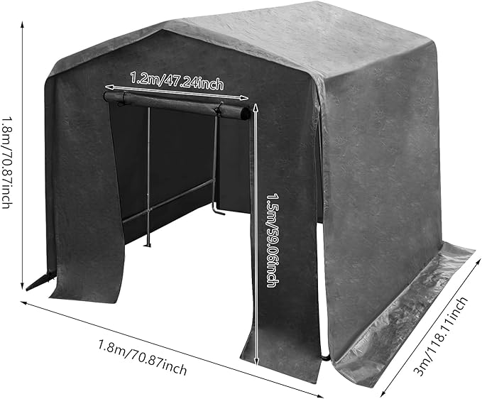 6x10x6 FT Outdoor Storage Shelter Carport, Portable Storage Tent with Roll-up Door, Waterproof Outdoor Carport for Bike, Lawn Mower, ATV Storage (Black)