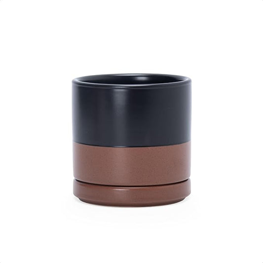 D'vine Dev 3.5 Inch Ceramic Planter Pot with Drainage Hole and Saucer, Indoor Cylinder Round Planter Pot, Black/Speckled Tan, 94-O-A-7