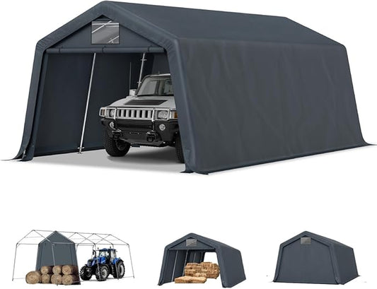 MFSTUDIO Outdoor Carport 13x22 ft, Portable Storage Sheds Shelter Garages Heavy Duty Canopy with Rolled up Zipper Doors, Outside Utility Shed Garage Tent for Boat,Patio Furniture and Tools