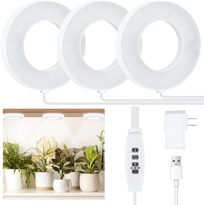Grow Light for Indoor Plants, 144 LEDs Full Spectrum Halo Plant Light with Auto On/Off Timer (4/8/12H), 10-Level Dimmable, 3 Lighting Modes for Small Plants, Succulents (White, Tri Head)