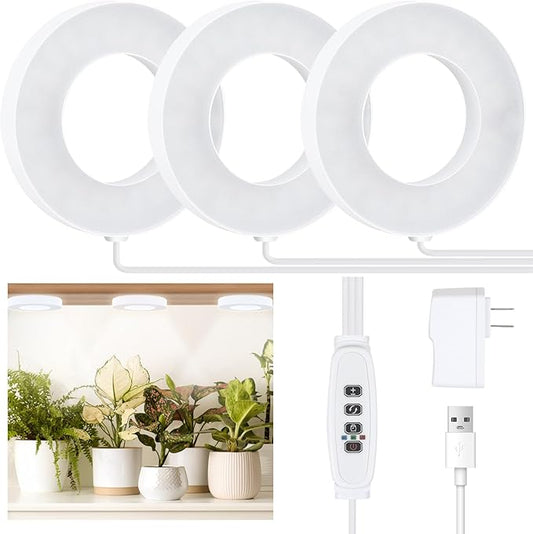Grow Light for Indoor Plants, 144 LEDs Full Spectrum Halo Plant Light with Auto On/Off Timer (4/8/12H), 10-Level Dimmable, 3 Lighting Modes for Small Plants, Succulents (White, Tri Head)