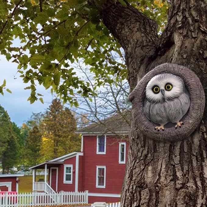 Baby Owl Resin Tree Faces, Whimsical Owlet Hugger Sculpture, Outdoor Garden Ornament for Yard Lawn Patio Porch, Tree Decor Unique Garden Gift, Durable Waterproof Resin Statue