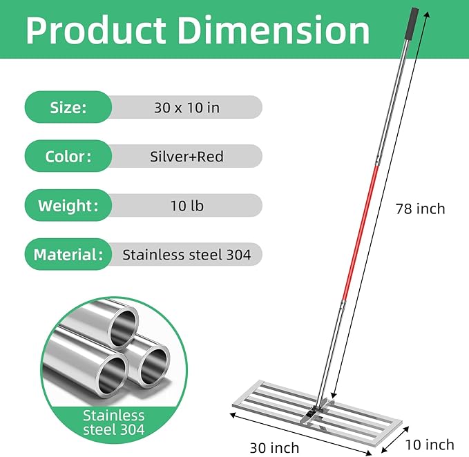 Lawn Leveling Rake 30"x10", Heavy-Duty Stainless Steel Yard Leveling Rake, Professional Soil Leveling Tool for Pastures, Golf Lawns, Gardens, Yards (Silver)