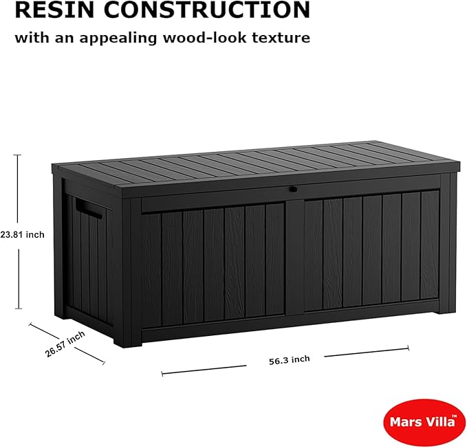 Mars Villa 119 Gallon Deck Box, Large Resin Outdoor Storage Box, Waterproof Storage Bin with Lockable Lid for Patio Furniture Cushions, Pool Supplies, Garden Tools, Weatherproof, Black