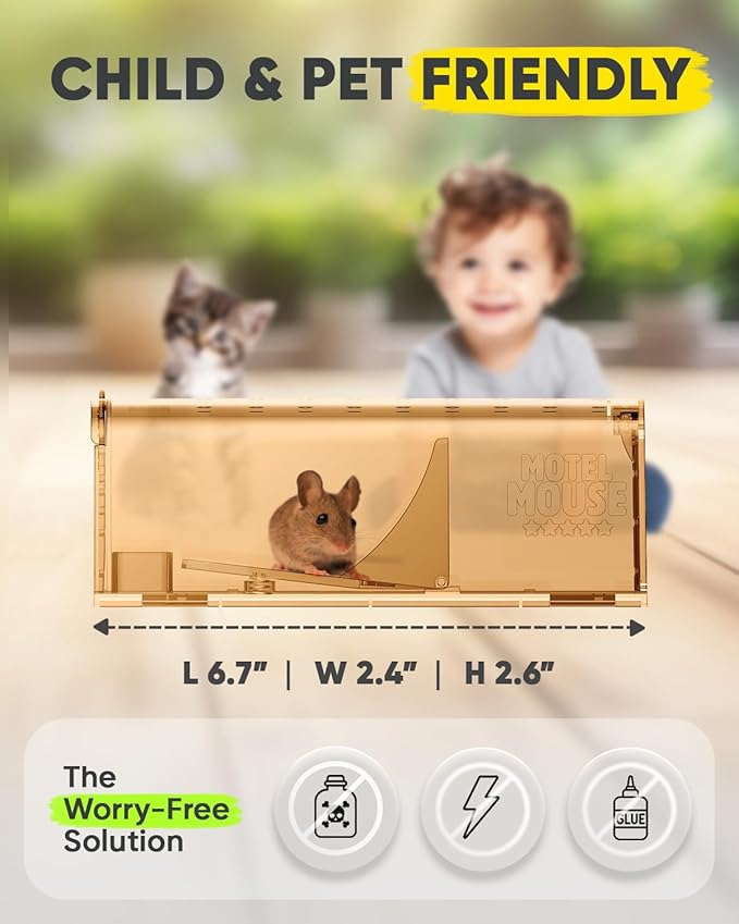 Motel Mouse Humane Mouse Traps No Kill Live Catch and Release 4 Pack - Reusable, Easy to Use & Clean, No Touch Release, Sensitive Includes Cleaning Brush, Instruction Manual & Video - Mousetrap Indoor