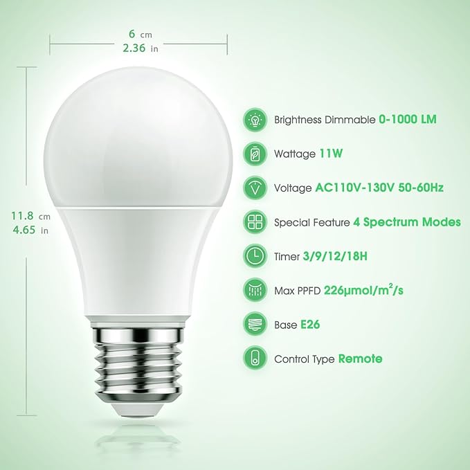 Briignite Grow Light Bulbs, 4 Full Spectrum Growth Modes, 3/9/12/18H Timing, A19 Dimmable Plant Light Bulb E26 Base, 11W Grow Bulb 100W Equivalent, Grow Light for Indoor Plants, Seed Starting, 2Pack