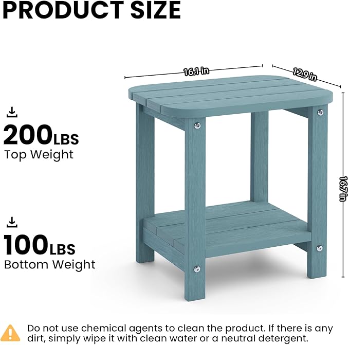 2-Tier Outdoor Side Table, 16" Adirondack Small Side Table All Weather Resistant, Patio End for Outside or Indoor, Patio, Yard, Pool, Porch, Garden, Lake Blue