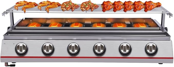 Outdoor Park Grills, 6 Burner Gas BBQ Grill With Adjustable Temperature, Portable Stainless Steel Barbecue Table Top Grill Cooking With Adjustable Height With Food Tray For Families, Barbecue Stores