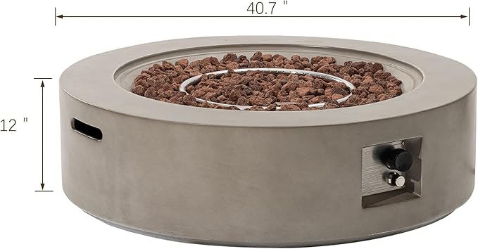 SUNBURY Outdoor 42" Propane Fire Pit Table, CSA Certified,50000 BTU Gray Patio Fire Table, Concrete Round Gas Fire Table w Lava Rocks (Tank Outside)
