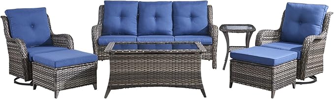 Wicker Rattan Patio Furniture Set - 7 Pieces Outdoor Couch with Swivel Chairs, Ottomans and Coffee Table for Deck, Poolside, Backyard - Grey/Blue