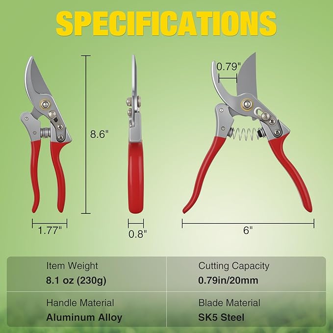 Yesker Pruning Shears Garden Shears 8.6" Professional Bypass Garden Scissors Yard Clippers with Sharp SK5 Steel Blade Heavy Duty Hand Pruners for Branch Flower Plant Trimming Cutting Gardening Tools