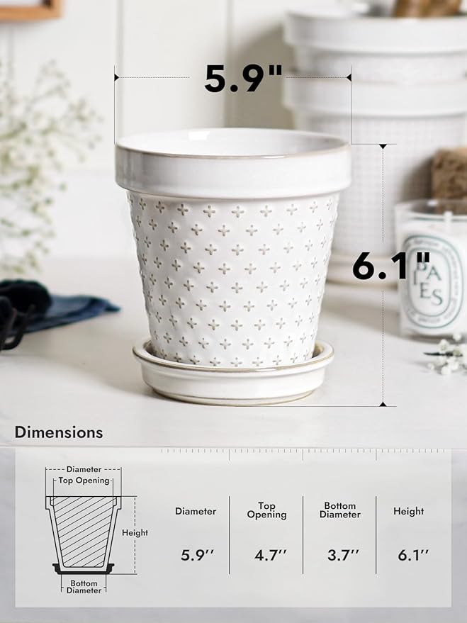 LE TAUCI Ceramic Plant Pots, 6 Inch Flower Pot with Drainage Hole & Saucer, Embossed Planter Pots for Indoor Plant Succulent, Orchid, Cactus, Home Decor - Set of 4, Arctic White