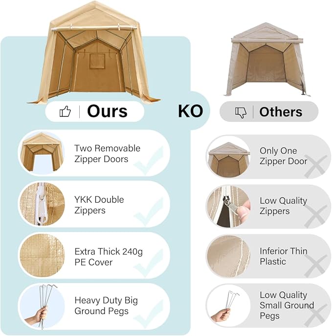 ADVANCE OUTDOOR 8X14 ft Steel Metal Peak Roof Portable Garage Shelter Storage Shed Carport for Motorcycle Bike or Garden Tools with 2 Roll up Doors & Vents, Beige