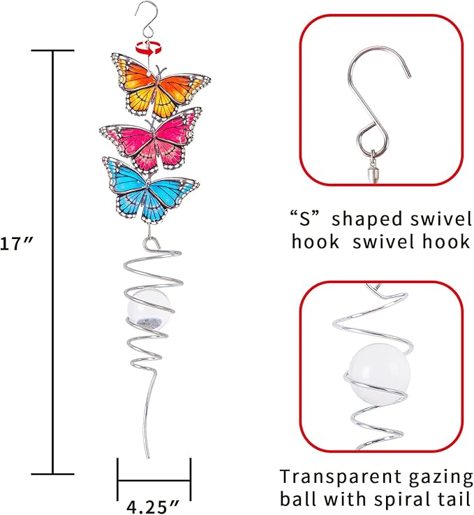18" Wind Spinner Hanging Metal Figurine Spinner with Glass Ball for Garden Décor, Wind Sculptures & Spinners for Indoor Outdoor Garden Ornament, Butterfly