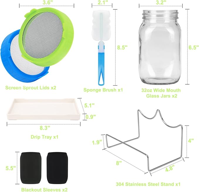 Lulonpon Sprouting Kit, 2 Sprouting Jar Kits, Wide Mouth Quart Mason Jars with Stainless Steel Screen Sprout Lids,1000ml Sprouts Growing Kit, Seed Sprouter Set for Growing Broccoli, Bean, Alfalfa ﻿