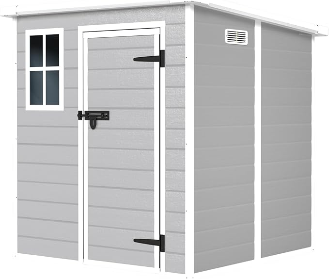 6x6 FT Storage Shed Garden House with Lockable Doors and Vents Waterproof Resin Outdoor Tool Cabinet W/Floor & Window,for Bicycles,Lawnmowers,Lawn,All Weather Use,Gray