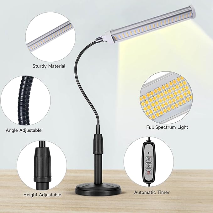 Grow Lights for Indoor Plants 10 inch Lamp Full Spectrum Desk LED Grow Light with Base For Indoor Plant Growing Lamp, Adjustable Gooseneck, Suitable Plants Growth (Without USB Plug) (105 LEDS)