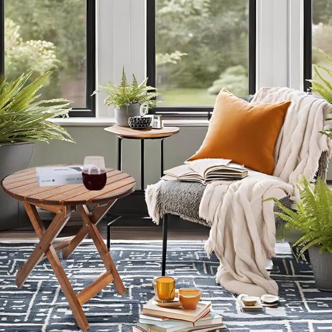 Outdoor Patio Side Table Round Small Wood End Table Folding Coffee Furniture for Living Room, Bedroom, Plant Stand, Camping Portable Brown