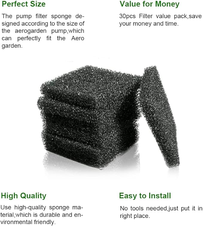 30-Pack Pump Filter for Aerogarden Hydroponic Growing System, Pump Filter Sponge Replacement Accessories Compatible with Aerogarden Plant Germination Kits