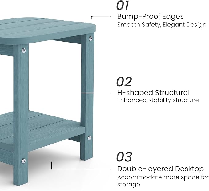 2-Tier Outdoor Side Table, 16" Adirondack Small Side Table All Weather Resistant, Patio End for Outside or Indoor, Patio, Yard, Pool, Porch, Garden, Lake Blue