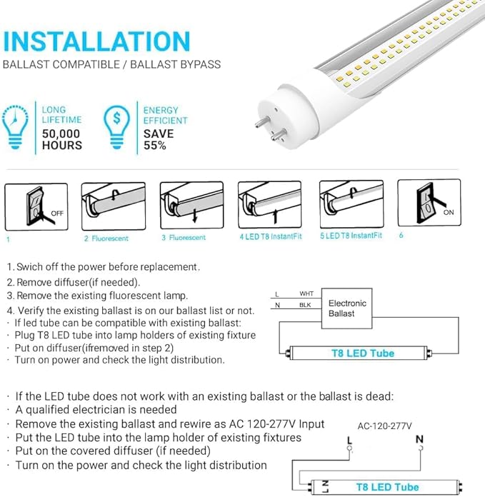 LEDMyplace 4FT LED T8 Ballast Bypass Type A+B Light Tube, 22W, 2860lm, Single/Double End Powered, ETL Listed, Replacement, T8 Bulbs 4 Foot 5000K, Clear, 3000K-6500K Selectable Lighting, 4 Pack