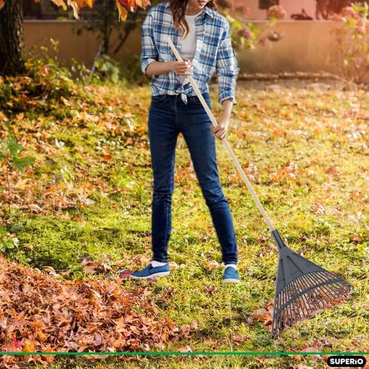 Superio Adult Rake with Hardwood Handle, Durable Plastic Head to Sweep Leaves in Lawn and Tidying Up The Garden, 61"
