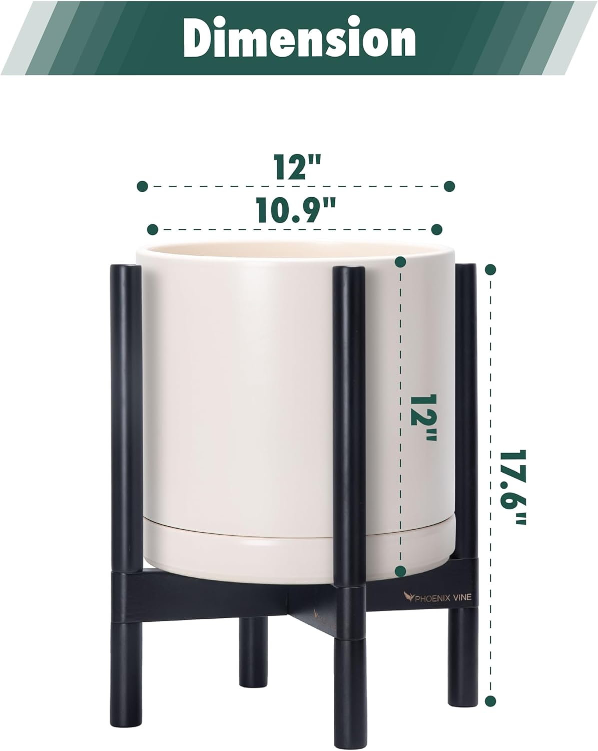 D'vine Dev Ceramic Planter with Ebony Stand - 12 Inch Modern Round Flower Pot with Wood Planter Holder, Oatmeal, 55-B-H-8