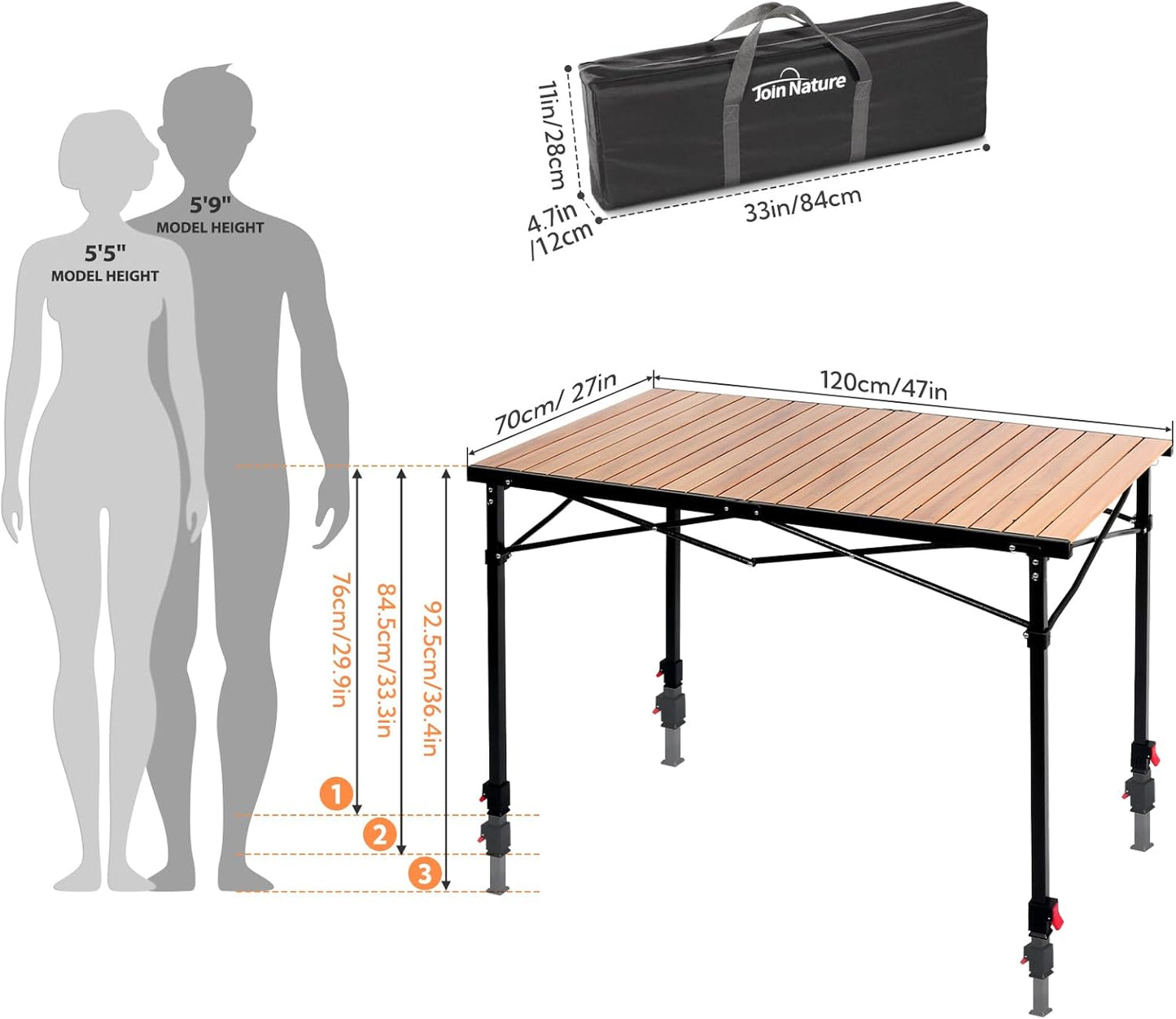Portable Outdoor Adjustable Height Camping Table, Large for 2-6 Person, Foldable Roll-up Aluminum Camp Table with Carry Bag for Picnic, Camp, Sturdy, Stable, Loads 220 Lbs