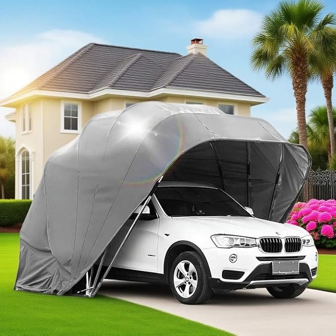 Heavy Duty Stainless Steel Carport, Retractable Car Awning, Semi-Automatic Mobile Folding Garage for Outdoor,Lockable,Durable Shelter,Grey (L5.9 * W2.7 * H2.45m)